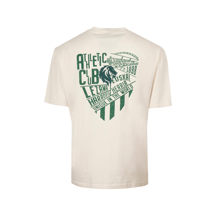 Beige junior short sleeve T shirt back view with a large green crest graphic.