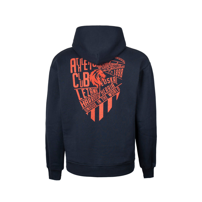 Back view of a navy hoodie featuring a large red graphic across the back and a small chest patch