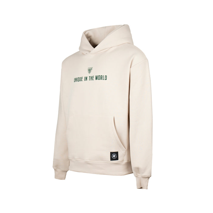 Beige youth hoodie with green crest and Unique in the World slogan on chest