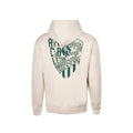 Beige junior hoodie with a large green crest graphic on the back.