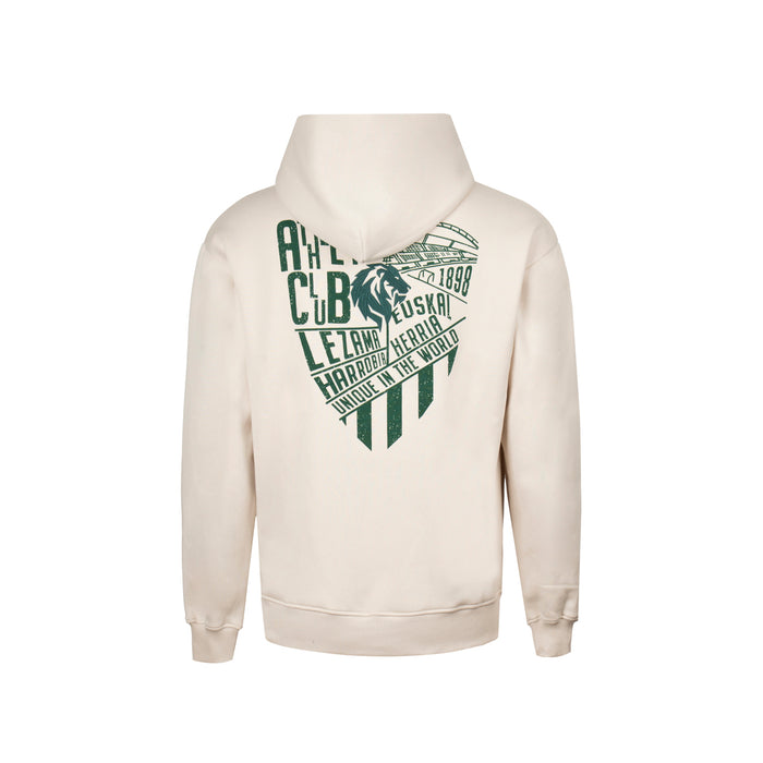 Beige junior hoodie with a large green crest graphic on the back.