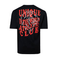 Back view of black Unique Fant T-shirt with bold red typography and white jagged line graphic.
