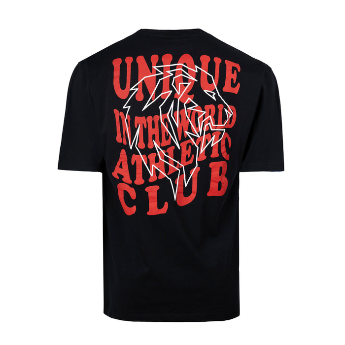 Back view of black Unique Fant T-shirt with bold red typography and white jagged line graphic.