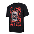 Front view of black T shirt with red overlapping CLUB typography and central emblem