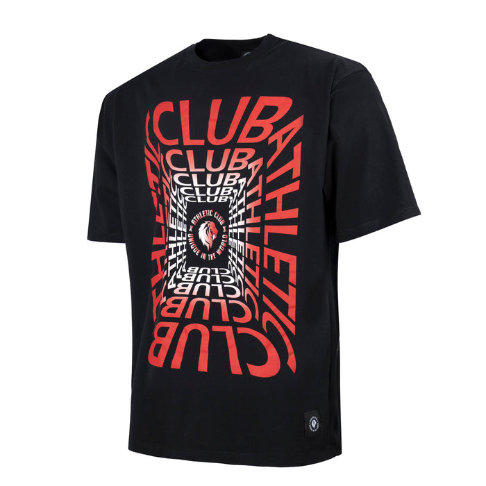 Front view of black T shirt with red overlapping CLUB typography and central emblem