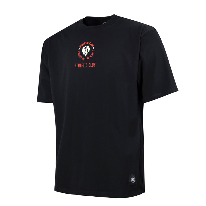 Black t shirt with a small red circular crest on the chest.