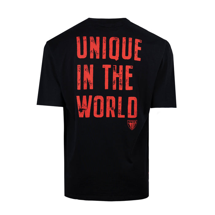 Back view of black tee with large red distressed UNIQUE IN THE WORLD lettering and crest near the hem.