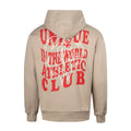 Beige hoodie with bold red graphic text across the back and a white geometric overlay.
