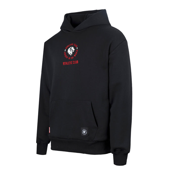 Black hoodie with a red circular emblem on the chest and a small patch on the front pocket.