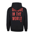 Back view of black sweatshirt with large red distressed text reading UNIQUE IN THE WORLD and a small crest near the hem.
