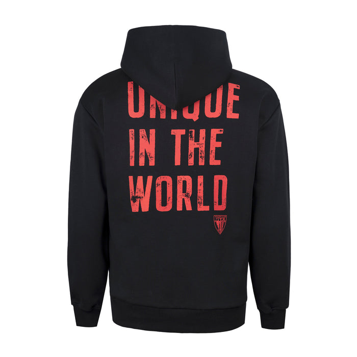 Back view of black sweatshirt with large red distressed text reading UNIQUE IN THE WORLD and a small crest near the hem.