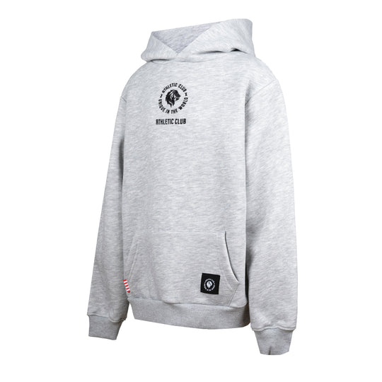 Grey JR UNIQUE TEXT SWEATSHIRT back view with a small circular Athletic Club logo on the upper back