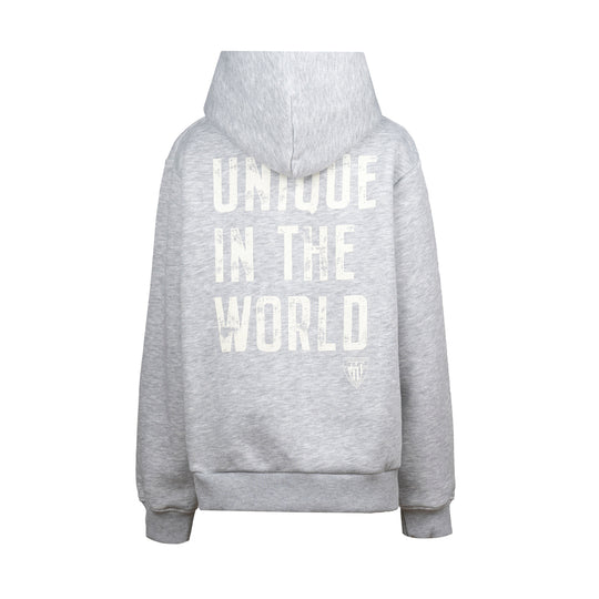 Grey hooded sweatshirt back view featuring large white text UNIQUE IN THE WORLD and an Athletic Club crest