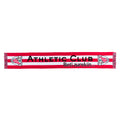 Bufanda roja y blanca con franjas y logotipos del Athletic Club Bilbao y la frase Beti zurekin