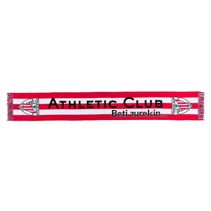 Bufanda roja y blanca con franjas y logotipos del Athletic Club Bilbao y la frase Beti zurekin