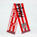 Bufanda roja y blanca extendida con franjas y el lema Beti zurekin junto al escudo del Athletic Club Bilbao