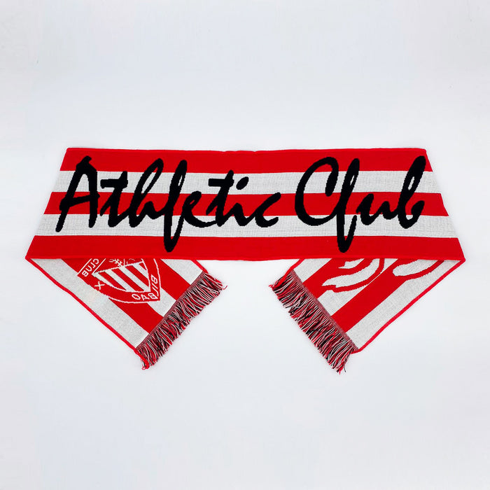 Athletic Club scarf with bold red and white stripes, fringe ends and crest patch.