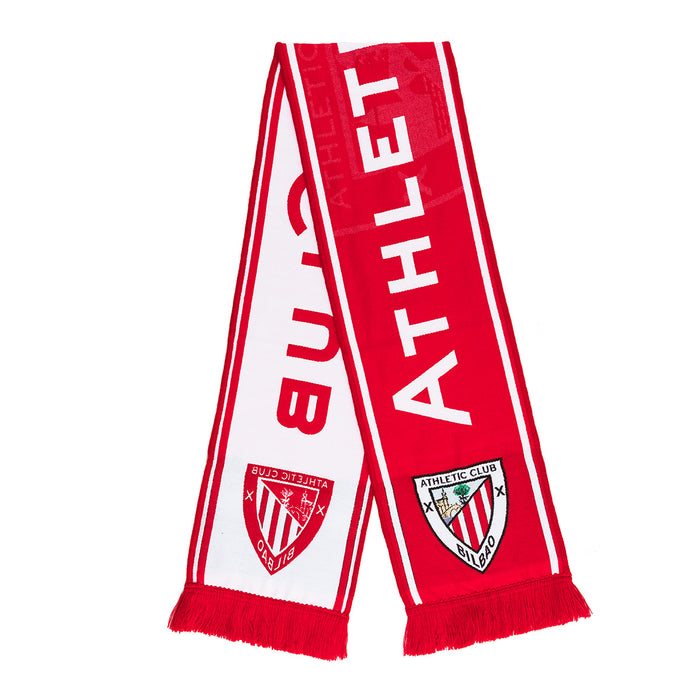Red and white Athletic Club scarf with large ATHLETIC text and crests at both ends.