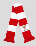 Amama Txiki scarf featuring red white horizontal stripes and crest emblem.