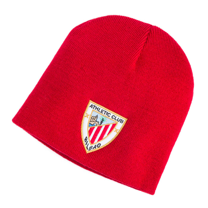 Red knit beanie with Athletic Club Bilbao crest embroidered on the front