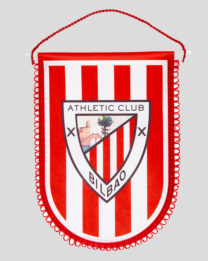 Round red and white banner with Athletic Club Bilbao crest and looped red edging