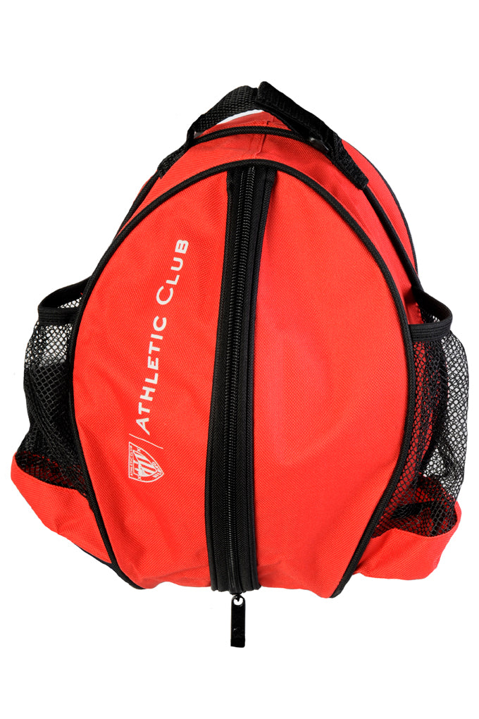 Red round sports bag with a top handle and vertical zipper and Athletic Club branding
