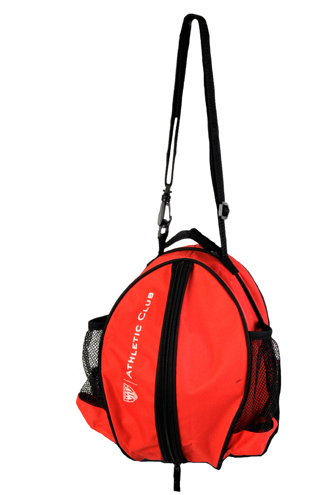Red round gym bag with black zippers and a long shoulder strap Athletic Club branding