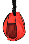 Red ball bag with black adjustable strap and side mesh pocket.