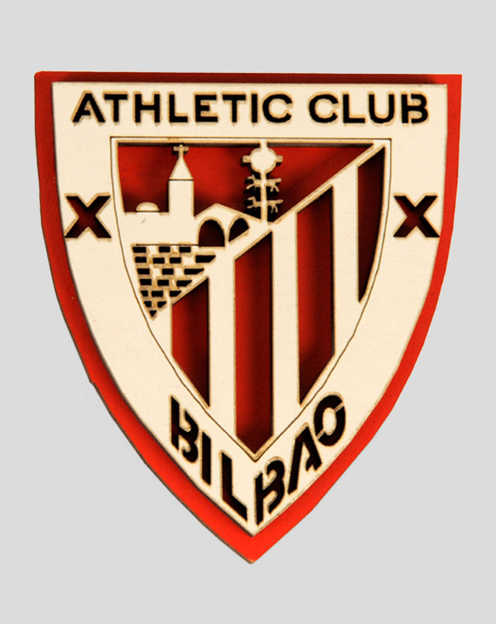 Wooden magnet depicting Athletic Club Bilbao shield with crest against a red border