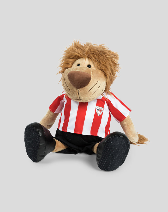 Soft toy lion in red and white striped Athletic Club jersey, 35 cm tall
