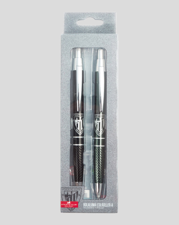 Pen and rollerball pen set in blister packaging with black and silver barrels and a club crest
