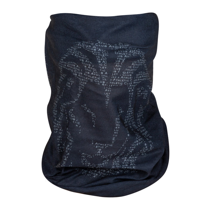 Navy Buff neck gaiter with a Leon print skull formed by small ATHLETIC CLUB text