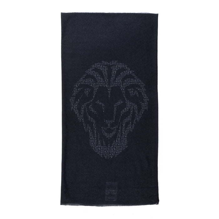 BUFF microfiber neck gaiter with a Leon print skull silhouette formed by small ATHLETIC CLUB text on dark fabric