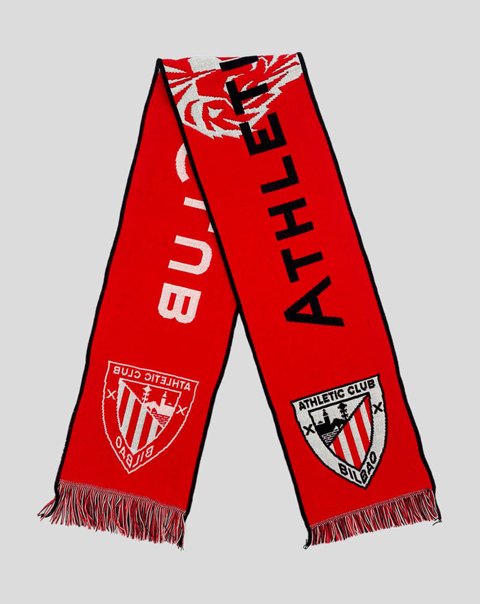 Red scarf with black edging featuring Athletic Club crest at each end and bold lettering along length.