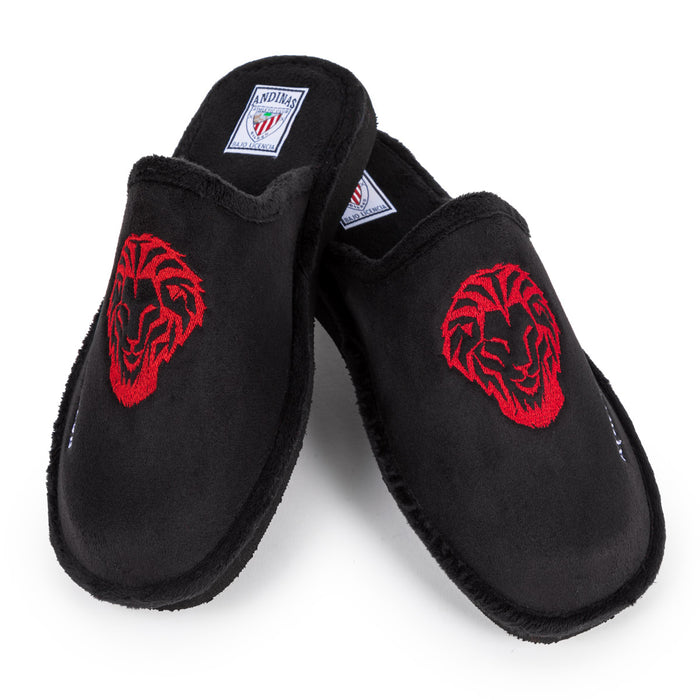 Black adult slippers with a red embroidered lion design on the upper