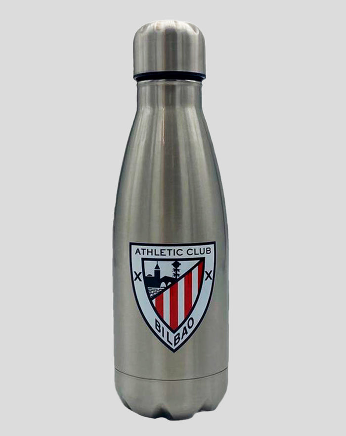 Silver stainless steel bottle with Athletic Club Bilbao shield crest, 550 ml.