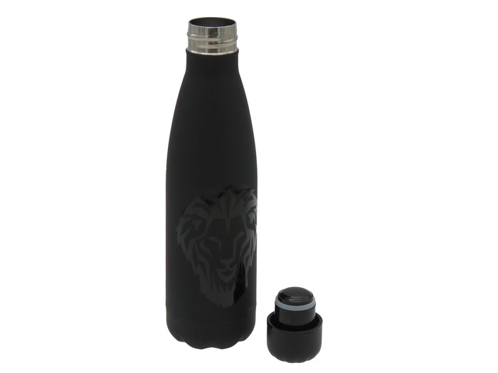 600 ml black steel bottle with lion motif and removable cap