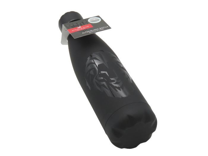Matte black steel bottle with attached tag showing Athletic Club branding