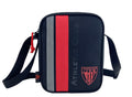 Shoulder bag in navy with red stripe gray trim and front emblem patch