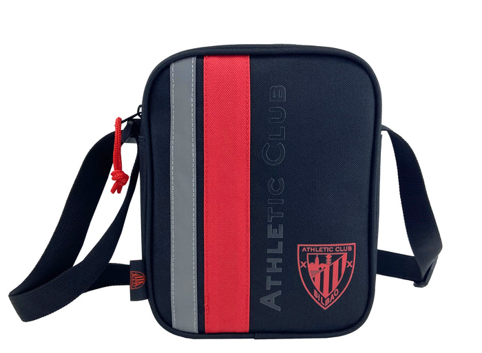 Shoulder bag in navy with red stripe gray trim and front emblem patch