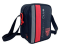 Close up of a navy shoulder bag with a red vertical stripe gray trim and red zipper pull.