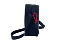 Side view of a navy shoulder bag showing a zipper and red paracord zipper pull with strap.