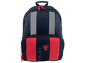 Trolley compatible backpack in navy with red panels and a crest patch on the front