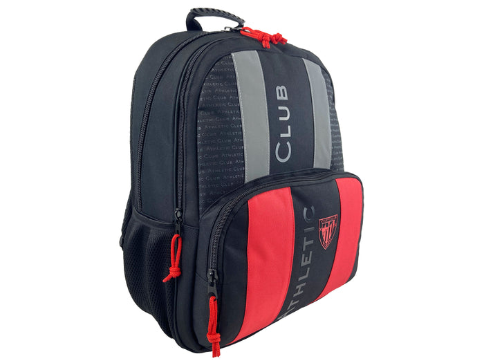 Trolley compatible backpack in black with red cord pulls and top handle