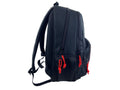 Side profile of the trolley compatible backpack showing padded back panel and red zipper pulls