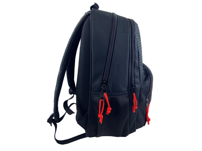 Side profile of the trolley compatible backpack showing padded back panel and red zipper pulls