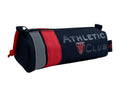 Navy pencil case with red strap and gray handle and a top zipper