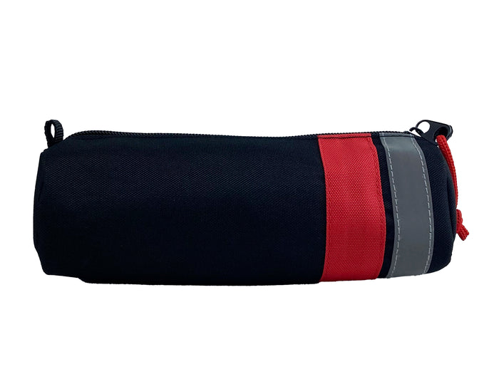 Navy pencil case with red strap and visible zipper along the top edge