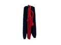 Close up of navy pencil case with bright red drawstrings and zipper pull
