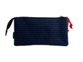 Navy pencil case with red zipper and red strap across the front featuring Athletic Club pattern